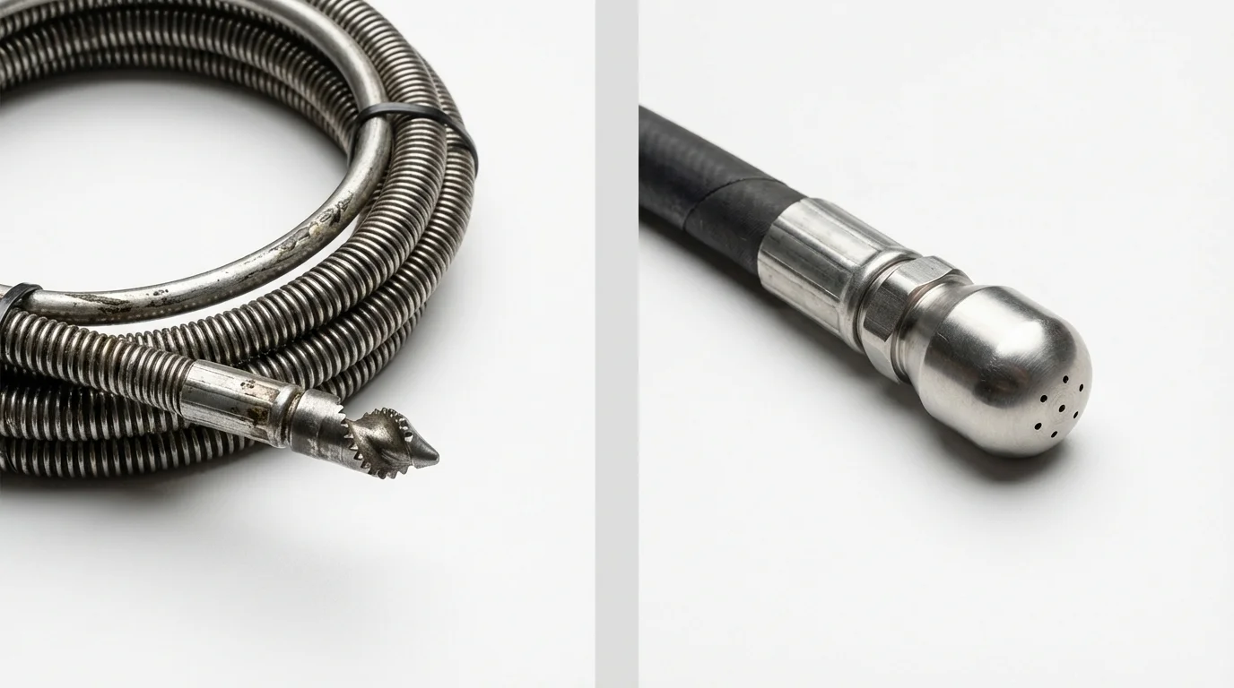 Drain snake cable and hydro jetting nozzle used for drain cleaning in Meridian, ID