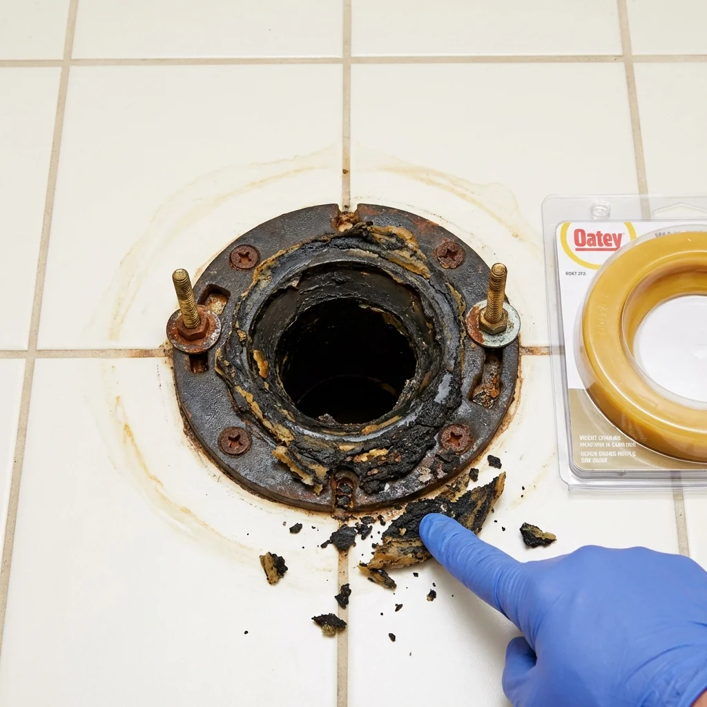Failed wax ring showing water seepage at the base of a toilet in a Meridian, ID home