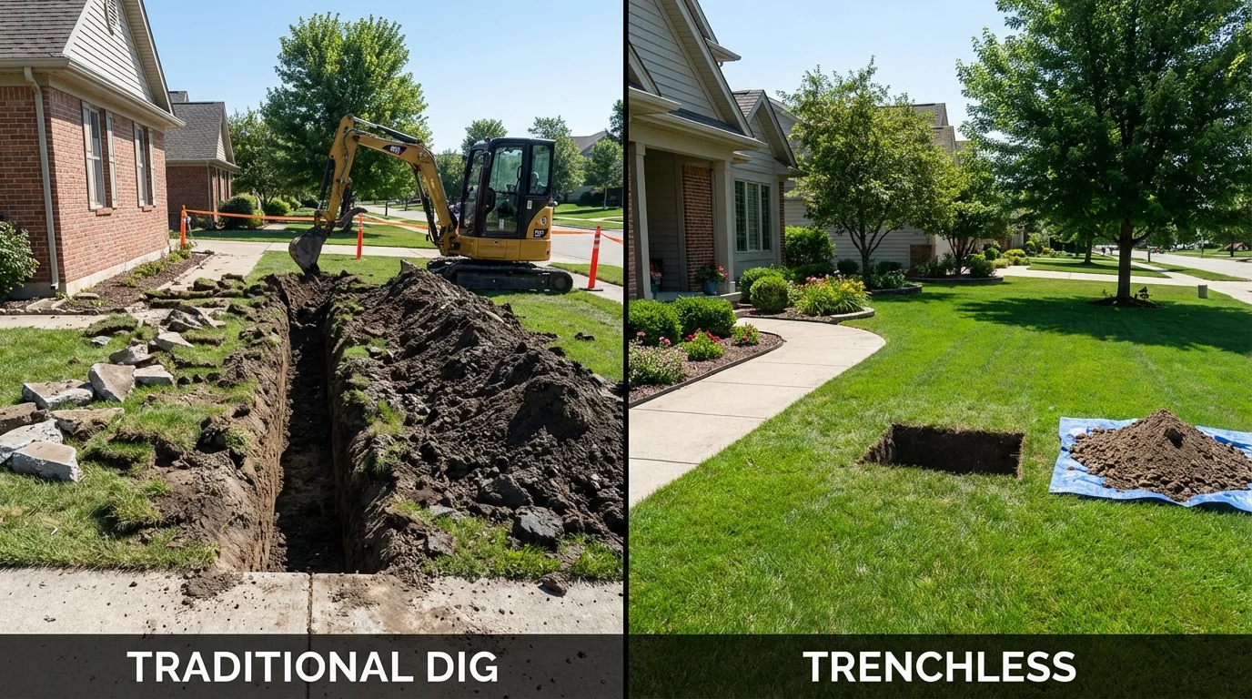 Trenchless sewer repair with minimal yard damage versus traditional excavation in Meridian, ID