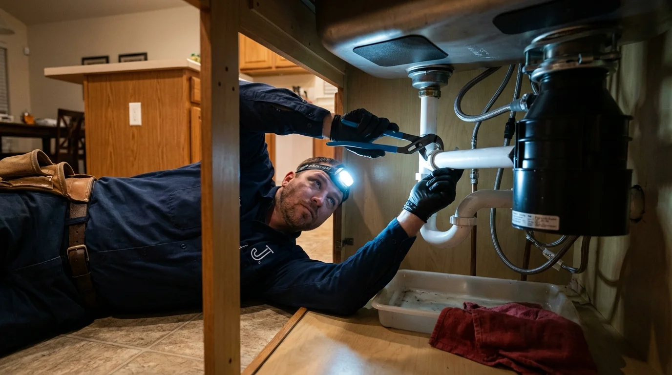 P-trap and supply line connections under a kitchen sink showing a common leak point in Meridian, ID